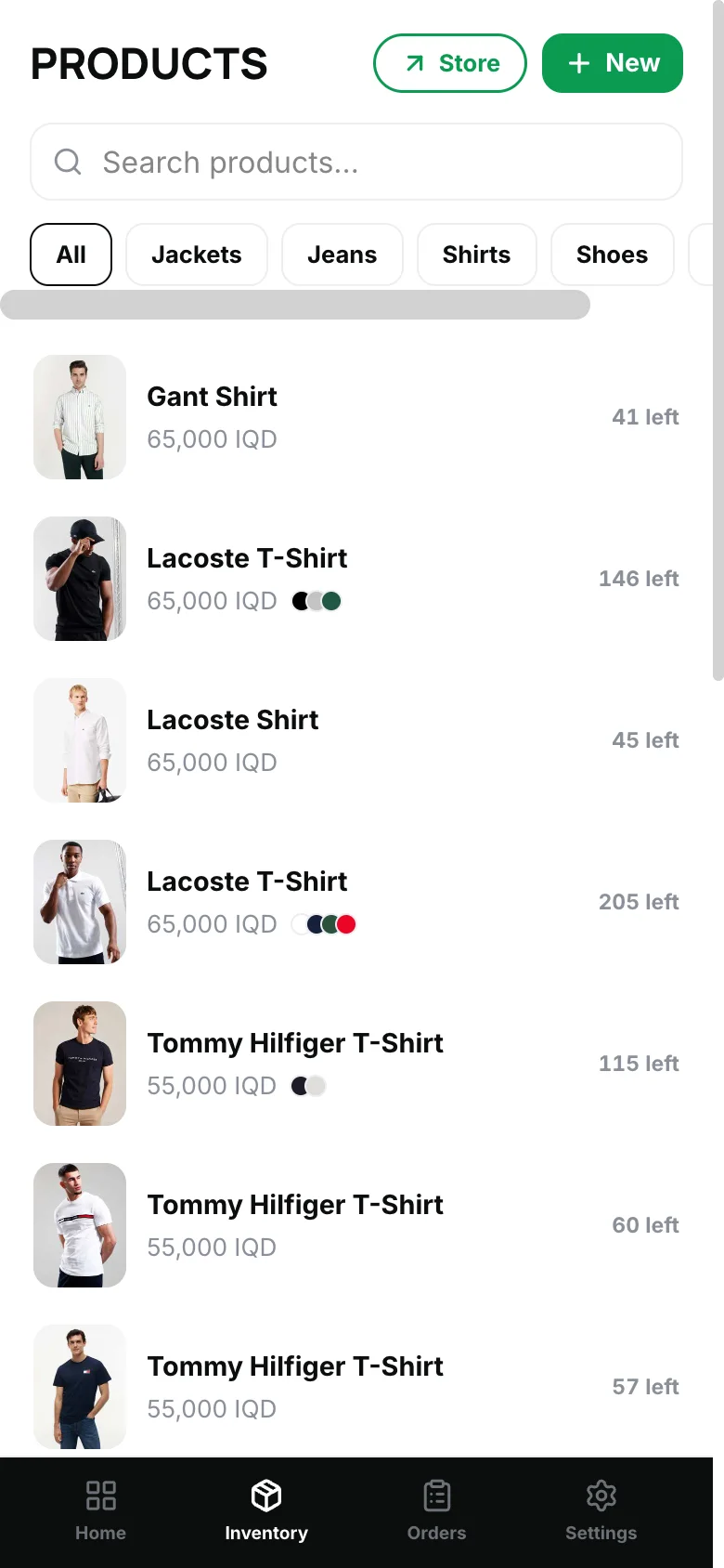 Colors, sizes, per-size prices.